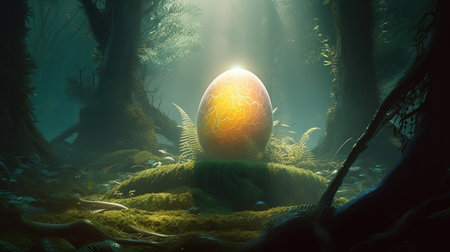 Easter egg hidden in the dark forest. 3D illustration.の素材