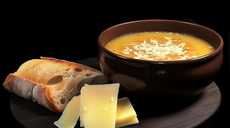 Creamy soup with cheese and bread on a black background.の素材