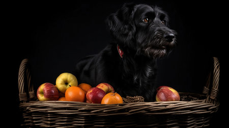 Portrait of a black dog with apples in a basket on a black backgroundの素材