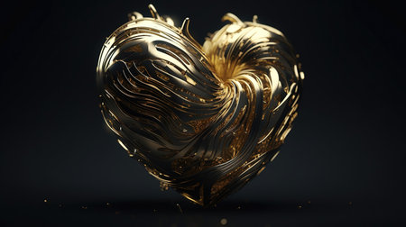 Golden heart on a black background. 3d rendering, 3d illustration.の素材