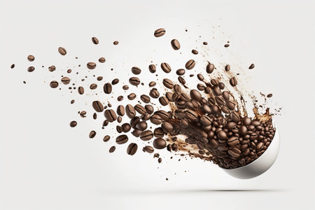 Coffee beans splashing out of a cup isolated on white backgroundの素材