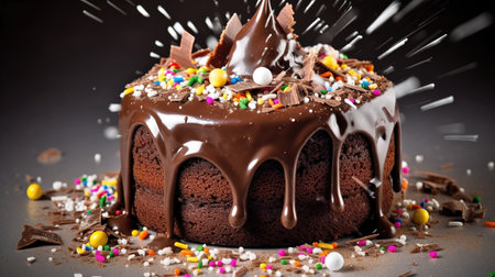 Chocolate cake with icing and sprinkles on a black background.の素材