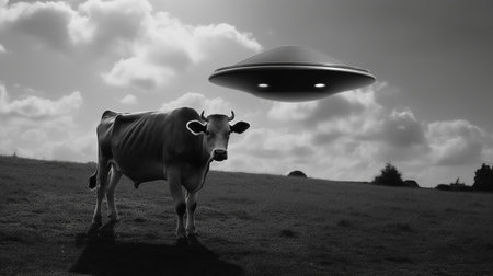 Black and white image of a cow in a flying saucer.の素材