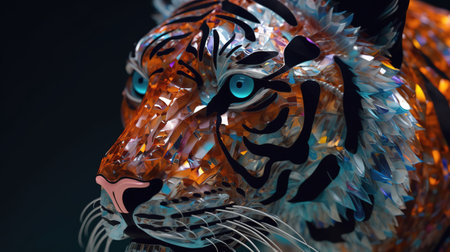 3d rendering of a tiger head on a dark background with colorful lightsの素材