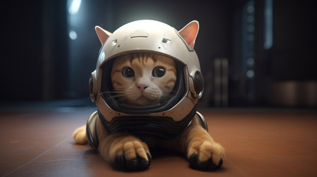 Cute cat wearing a motorcycle helmet on a wooden floor in a dark room.の素材