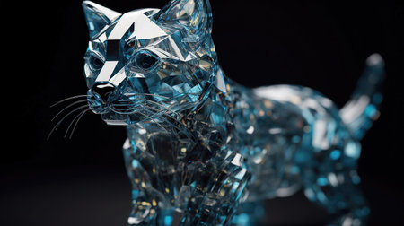 Close-up of a cat made of glass on a black backgroundの素材