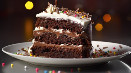 Chocolate cake with cream and sprinkles on a dark background.の素材