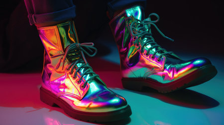 Close-up of man's shoes in neon light on black backgroundの素材