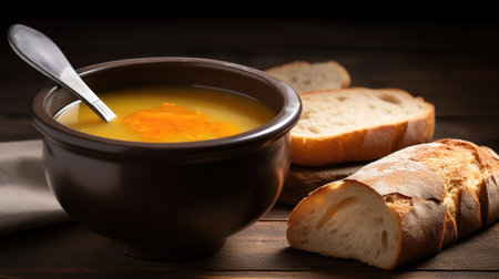 Pumpkin soup in brown bowl with bread on dark wooden backgroundの素材