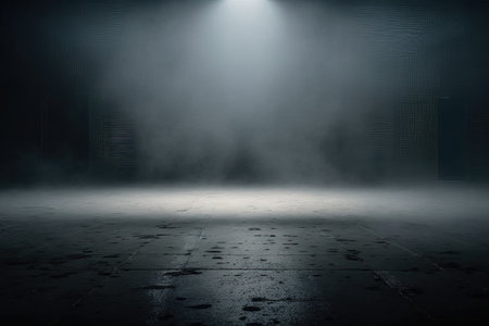 Empty stage in dark room with smoke and spotlights. 3D renderingの素材