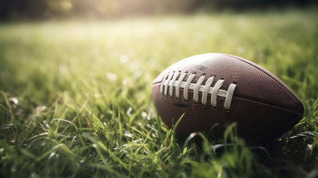 American football ball on green grass with sun flare. American football conceptの素材