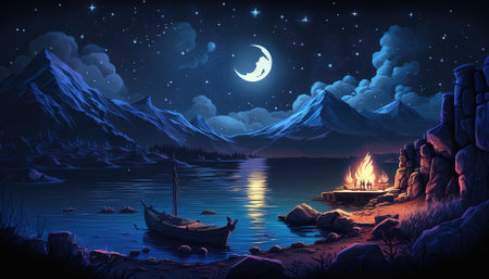 Fantasy landscape with boat on the lake at night. Vector illustrationの素材
