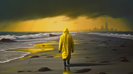 Man in yellow raincoat standing on beach and looking at the cityの素材