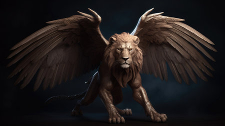 3d rendering of a lion with wings spread on a dark backgroundの素材