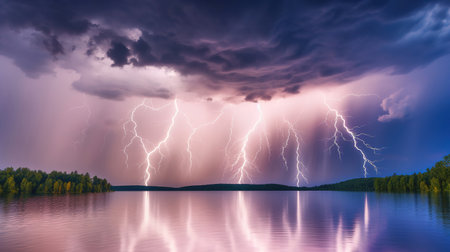 Thunderstorm over the lake in the forest. Beautiful nature landscape.の素材