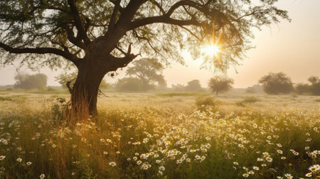 Sunrise in the field with daisies and big tree.の素材
