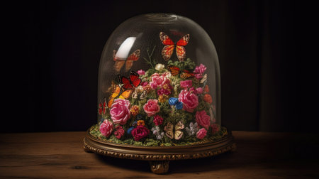 Colorful flowers in a glass dome on a wooden table with dark backgroundの素材