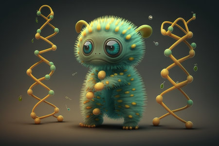 3d illustration of funny cartoon monster with dna chain on dark backgroundの素材