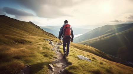 Hiker with backpack walking on the mountain trail. Travel and adventure conceptの素材