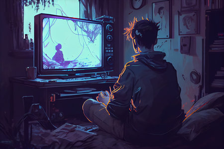 Young man sitting on the floor in front of TV and watching horror movieの素材