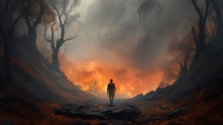 Fantasy scene with a man standing in the middle of the forest.の素材
