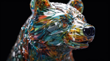 Head of a bear made of colorful glass on a black background.の素材