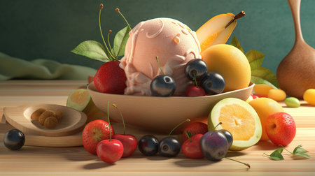 ice cream with fruits and berries on wooden table. 3d illustrationの素材