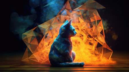 Beautiful cat sitting on the wooden floor with low poly background.の素材