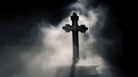 Cross in the dark with smoke. Halloween concept. 3D Renderingの素材