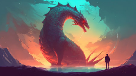 Silhouette of a man looking at the dragon. 3d renderingの素材