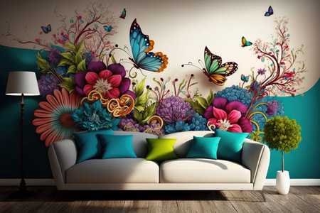 Sofa with flowers and butterflies in the room. 3D renderingの素材
