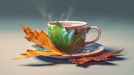 Cup of coffee with autumn leaves on a gray background. Vintage style.の素材