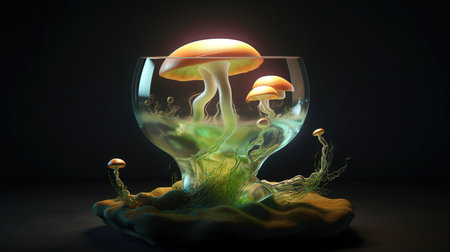 Mushrooms in a glass aquarium. 3d render illustration.の素材