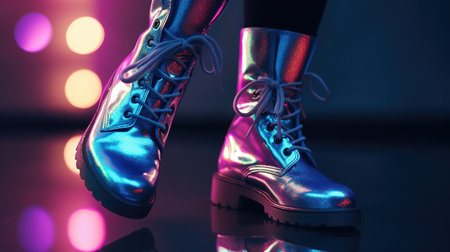 Fashionable female shoes in neon light on a dark background.の素材