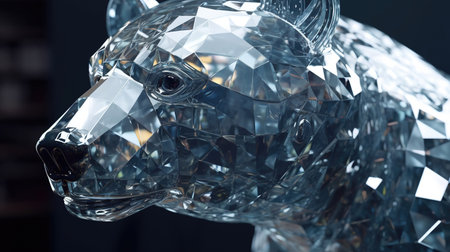 3d rendering of a glass lion head sculpture in a dark roomの素材