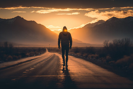 Man walking on an empty road with mountains in the background at sunsetの素材