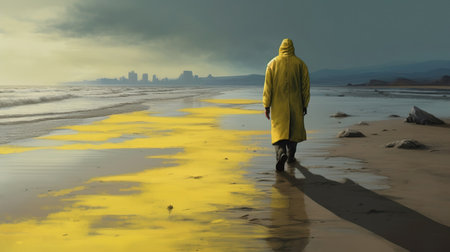 Woman in yellow raincoat walking on the beach with city in the backgroundの素材