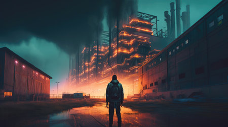 Man standing in front of industrial plant with smoke coming out of pipesの素材