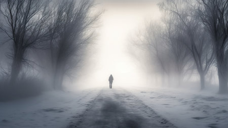 A man walking in a foggy winter forest, 3d renderの素材