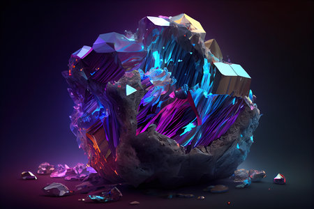 3d rendering of crystal with blue and purple neon lights inside on dark backgroundの素材