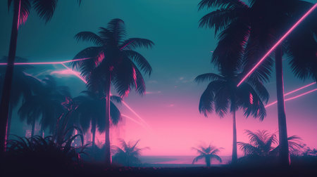 Tropical beach with palm trees and neon lights - vintage filterの素材