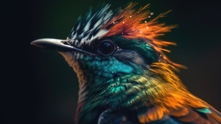 Close up of a beautiful bird with colorful feathers on its head.の素材
