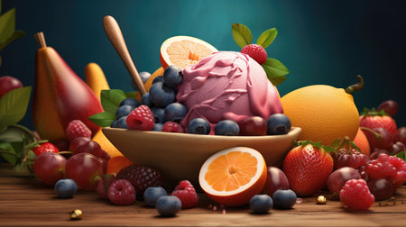 Fruit ice cream in a bowl with fresh fruits and berries.の素材