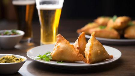 Fried samosas served with guacamole and beerの素材