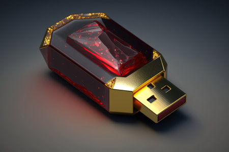 Usb flash drive with red ruby on a dark background. 3d illustrationの素材