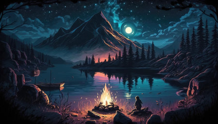 Illustration of a campfire on the shore of a lake at nightの素材