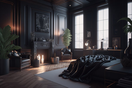 Luxury bedroom interior design with dark walls, wooden floor, black master bed with black velvet sheets, armchair and candles. 3d rendering mock upの素材