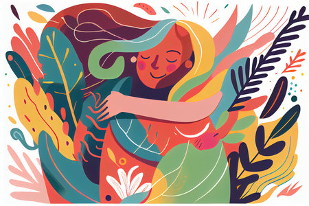 Vector illustration of a girl with long hair in a colorful dress.の素材