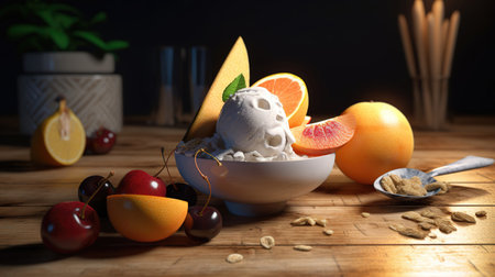 ice cream in a bowl with fruits and nuts on a wooden tableの素材