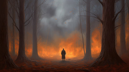 Man in the forest with fog. 3D illustration. Fantasy.の素材